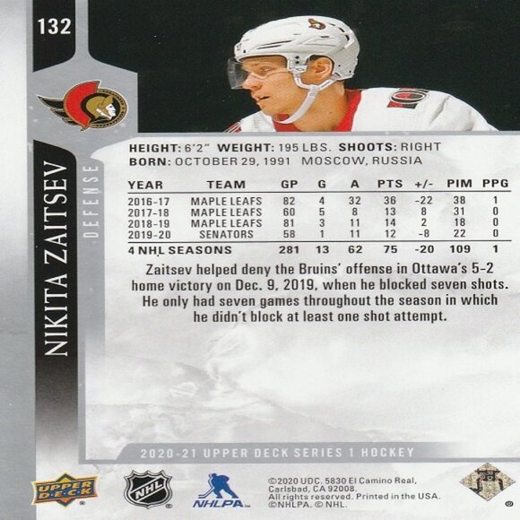 Nikita Zaitsev (Senators) 2020/2021 Upper Deck Series 1 Hockey Card - Number 132 - Picture 2 of 2